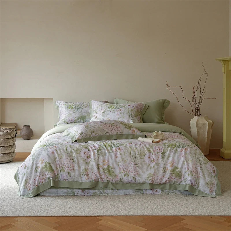 600TC Lyocell Duvet Cover Set - Soft Floral Print Bedding Set, Breathable Cooling Bed Sheet with Pillowcases for Queen/King Size