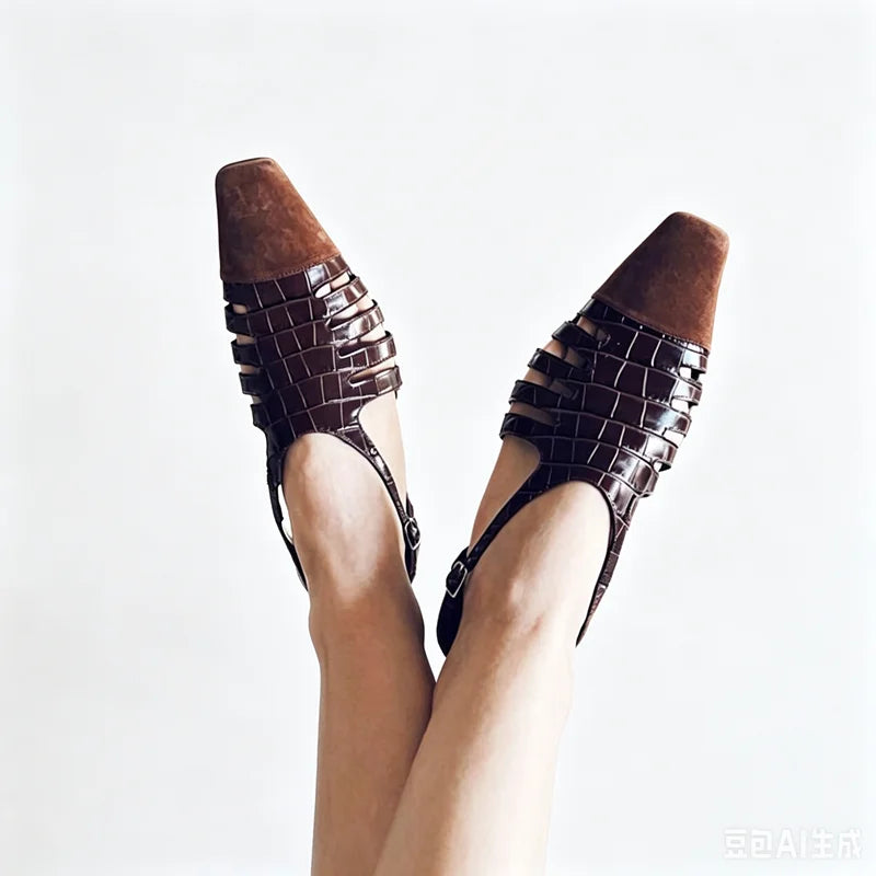 cowhide French square toe hollow breathable high-heeled toe closure sandals