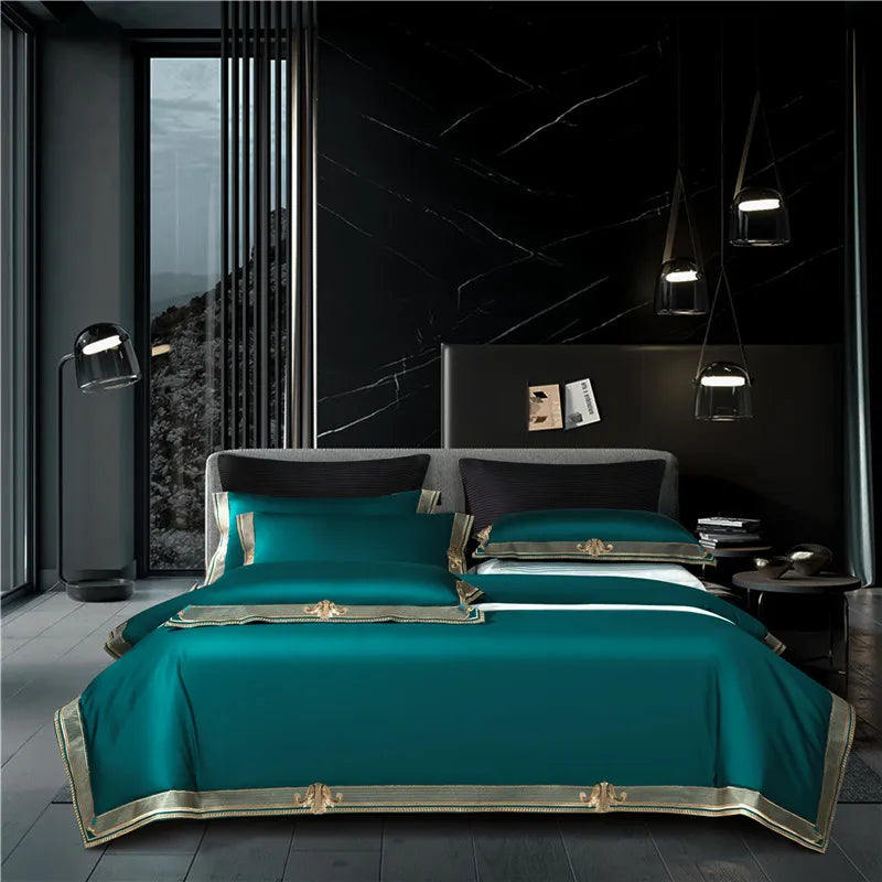 Satin 1200TC Egyptian Cotton Luxury Bedding Set, Gold Embroidery, Queen, King, Duvet Cover, Flat/Fitted Bed Sheet, Pillowcases