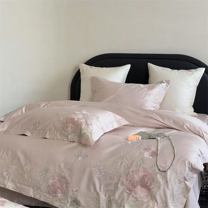 Premium 600TC Egyptian Cotton Luxury Flowers Butterfly Embroidery Pink Bedding Set