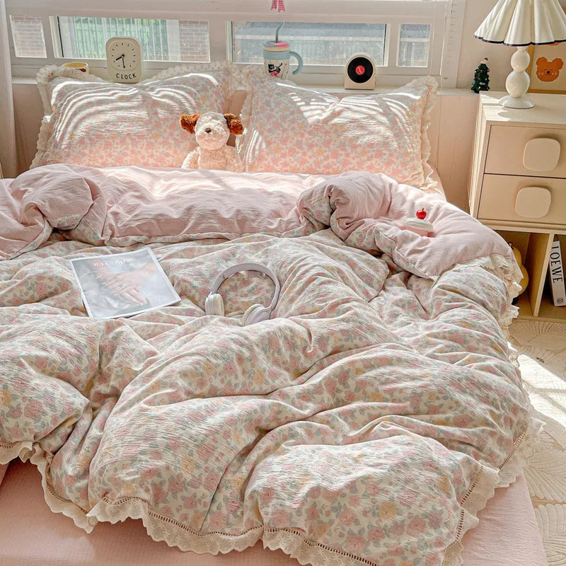 Korean Double-layer Gauze Lace Ruffle Bedding Set