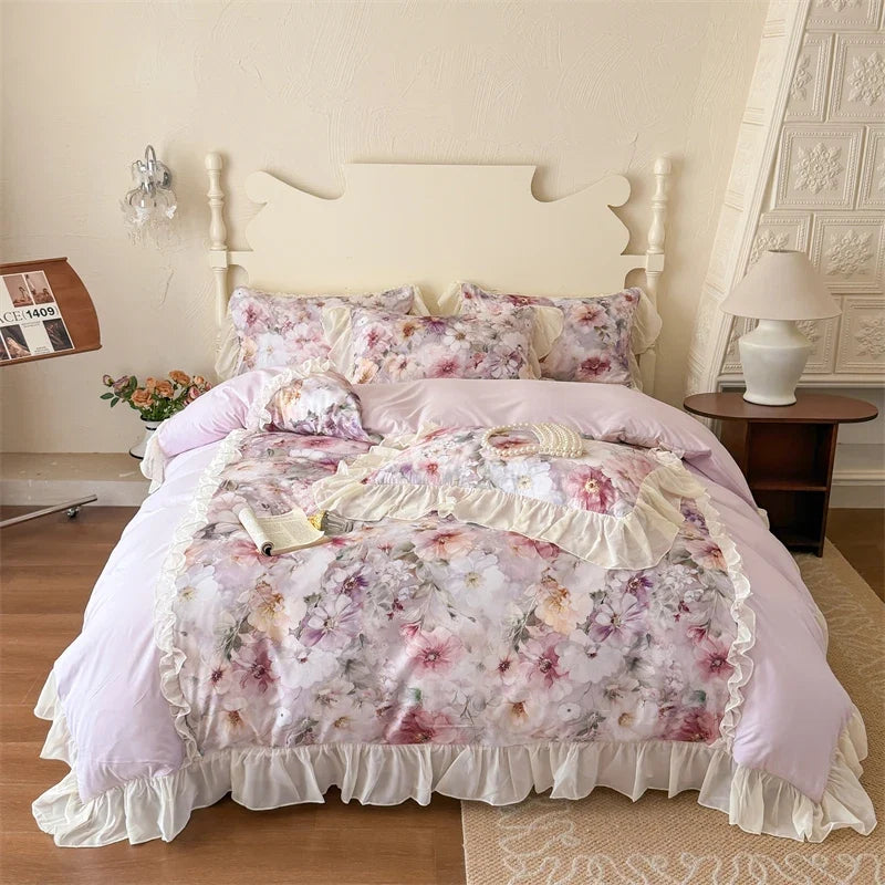 3/4Pcs French Princess Style Pink Luxury Duvet Cover Set Double Bedding Bedroom With Elastic Band Bed Linen Ruffle Pillowcase