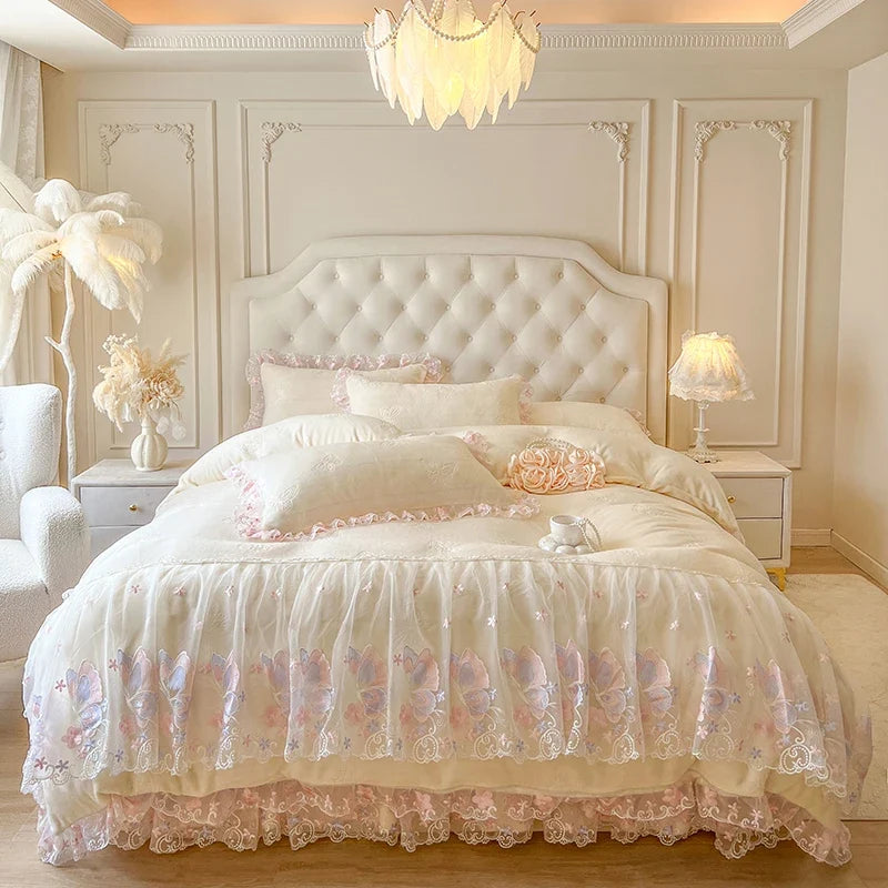 Butterfly Embroidery Lace Ruffles Carved Velvet Winter Thickened Bedding Set