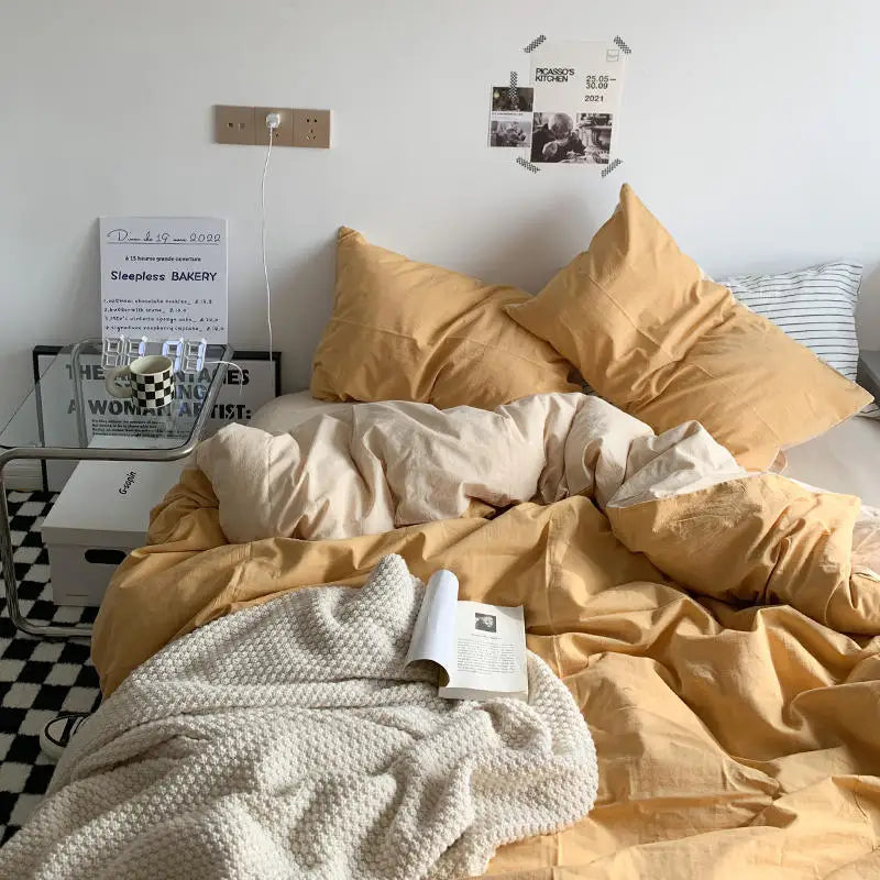 Solid Duvet Cover Set with Sheet Pillowcases Korean Comforter Cover Bed Linen Twin Full Queen Size Grid Home Bedding Set
