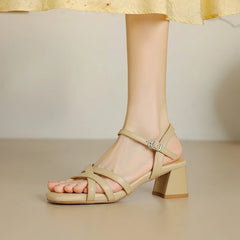 Sheepskin Square Toe Open Toe High-Heeled Thick Heel