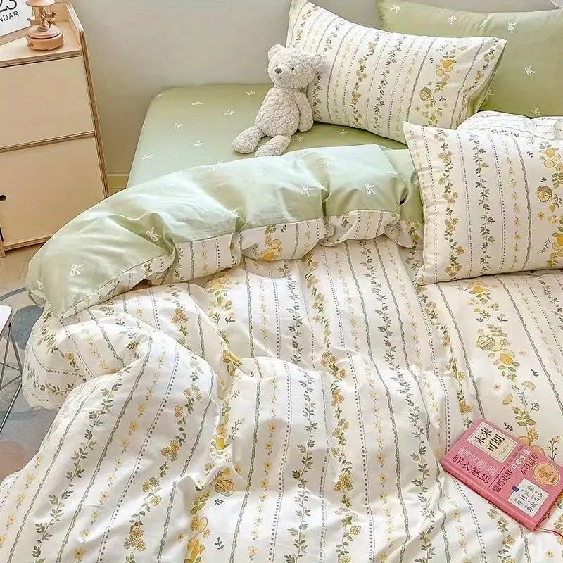 Green Floral Duvet Cover Set Ins Twin Queen Size Girls Flat Sheet Pillowcase No Filler Soft Summer Spring Home Bedding Set