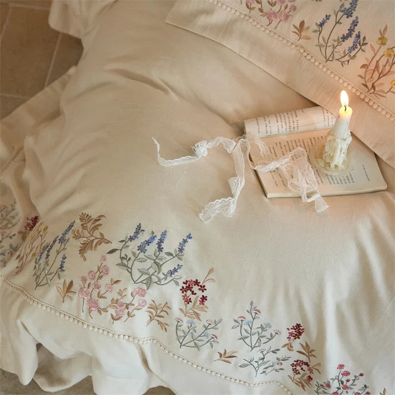 Natural Cotton Linen Vintage French Flowers Embroidery Luxury Bedding Set