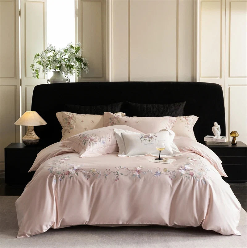 Premium 1000TC Egyptian Cotton Flowers Embroidery Pink Luxury Bedding Set