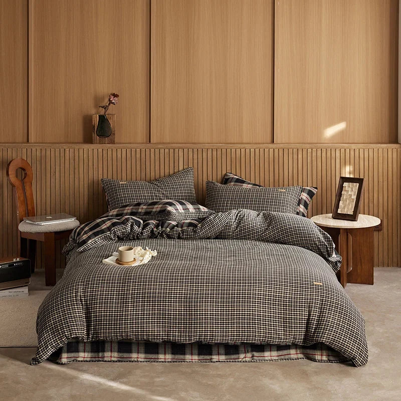 4/6Pcs Black and White Plaid Stripe 100% Cotton Bedding Set