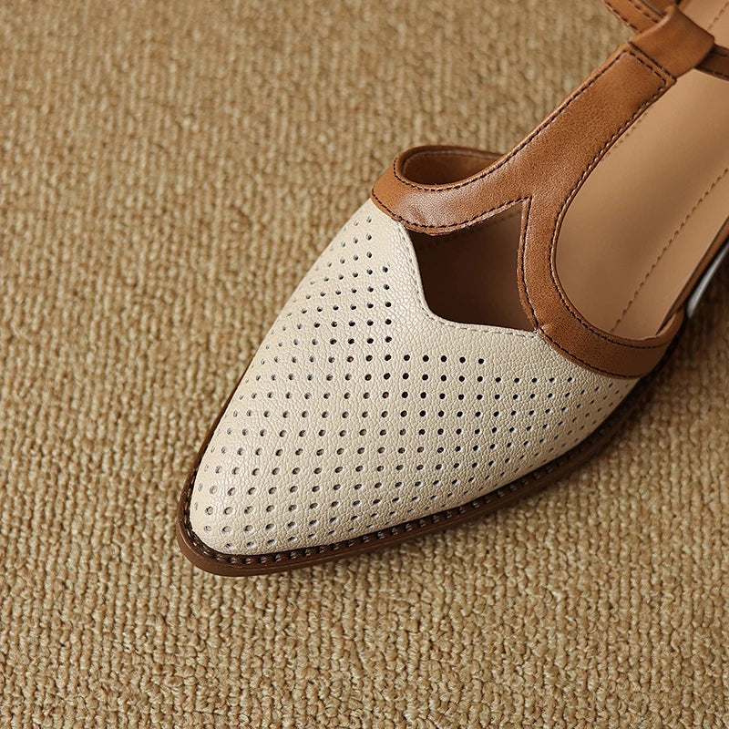 Sheepskin Hollow Breathable Elastic Buckle Middle Heel