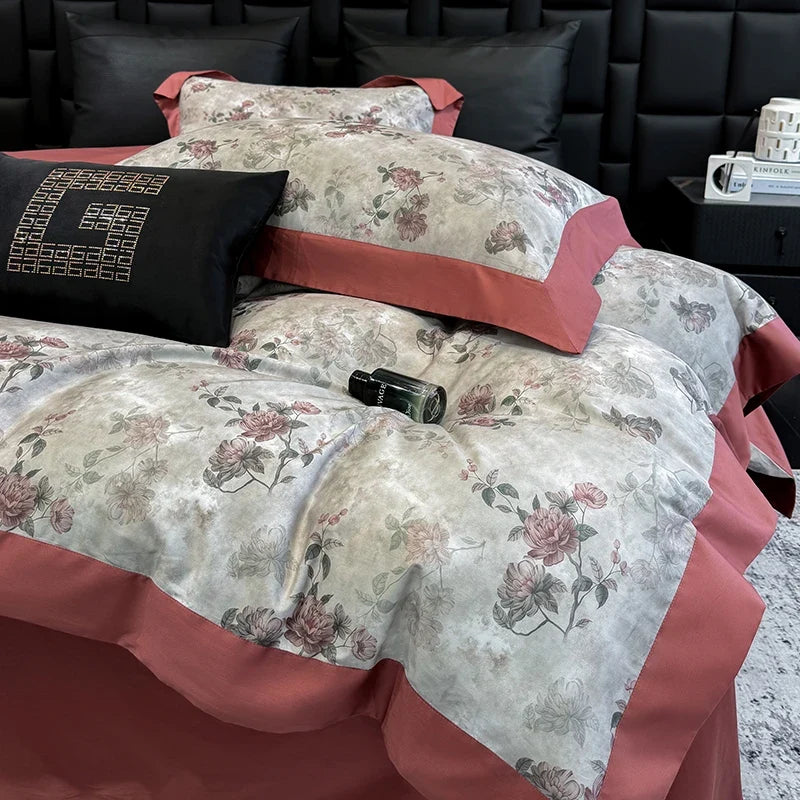 Luxury 600TC Egyptian Cotton Floral Bedding Set, Elegant Flower Duvet Cover Set with Contrast Border, Bed Sheet Pillowcases 4Pcs