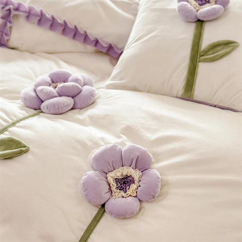 Handmade Flowers Embroidery Ruffles Korean Princess Bedding Set