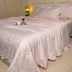 Lotus Hem Tencel Summer Quilt Chic Jacquard Cream Design Silky Smooth Summer Quilt Cool Sheets for Hot Sleepers Pillowcases 4Pcs