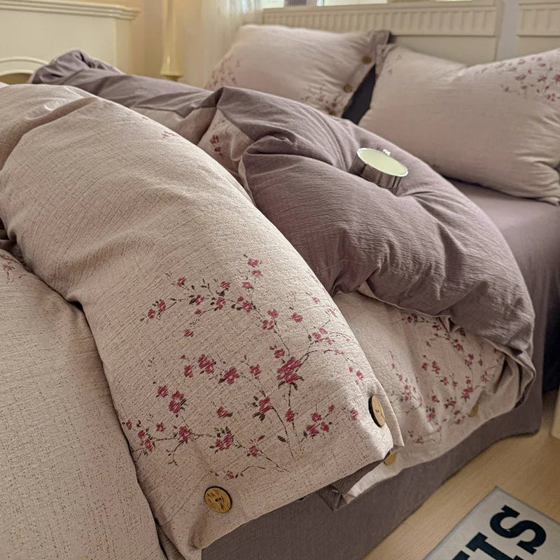 Korean Button Style Floral Print Bedding Set