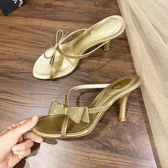 Rhinestone Bow Cross Strap Slipper Open Toe Sandal Women Wear Stiletto Heels