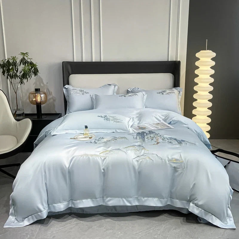 4Pcs Chinese Style Landscape Embroidery Luxury Bedding Set