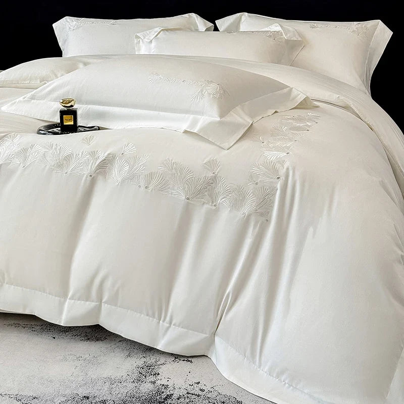 Luxury Embroidery Solid Color Premium Egyptian Cotton Queen King Bedding Set