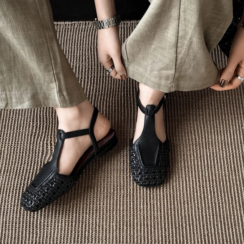 Leather Cowhide Square Toe Retro Low Heel