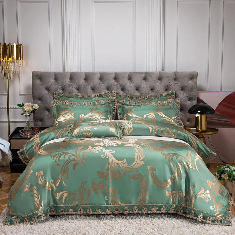 Luxury Euro Gold Satin Jacquard Lace Bedding Set