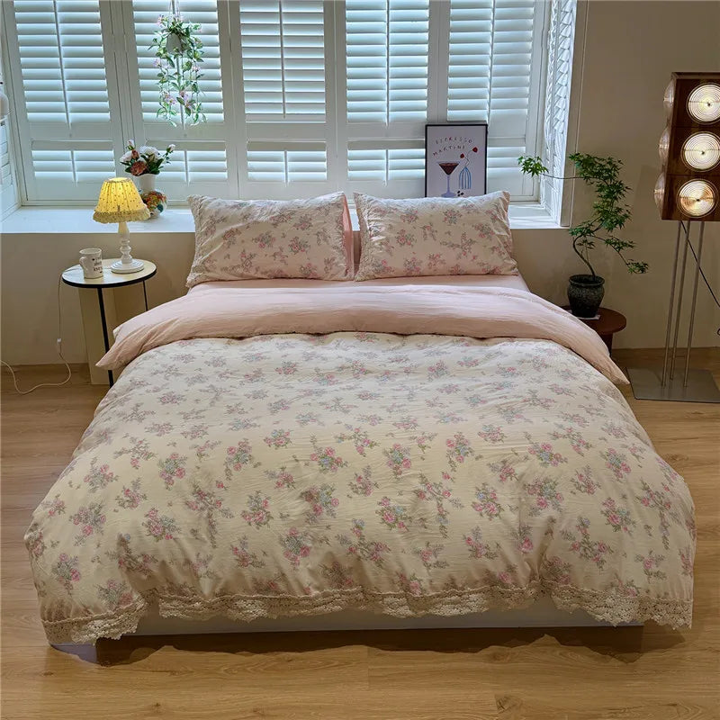 3/4Pcs Korean Princess Flower Print Lace Bedding Set