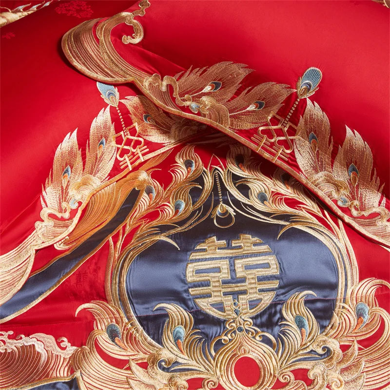 Chinese Style Wedding Gold Dragon Phoenix Embroidery Bedding Set