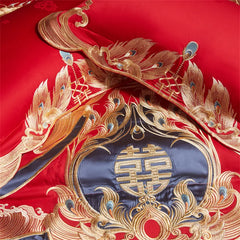 Chinese Style Wedding Gold Dragon Phoenix Embroidery Bedding Set