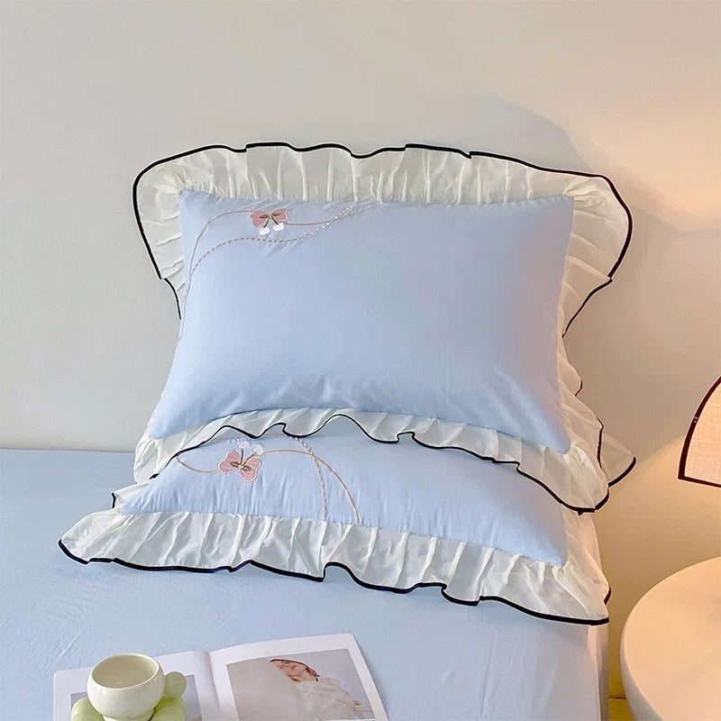 3/4Pcs Korean Princess Style Washed Cotton Three-Dimensional Flower Embroidery Lace Pink Beddings Sets Full Ruffle Duvet Cover