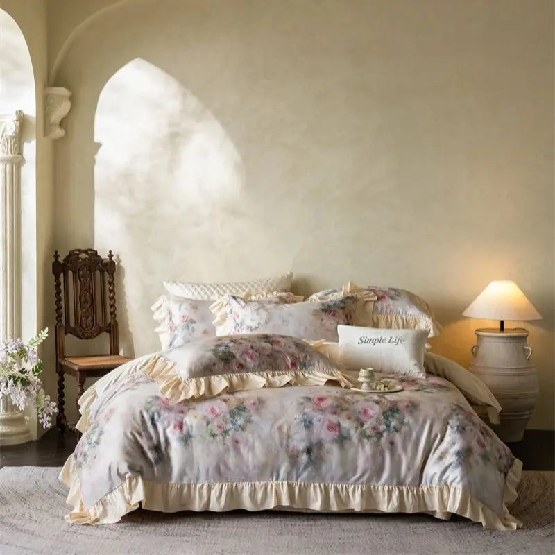 600TC Egyptian Cotton Flowers Print Ruffle Luxury Bedding Set