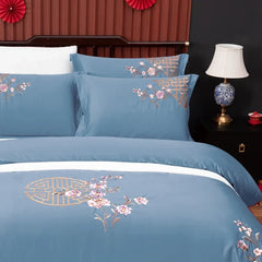 100% Cotton Luxury Oriental Golden Geometric Pattern Flowers Embroidery Bedding Set