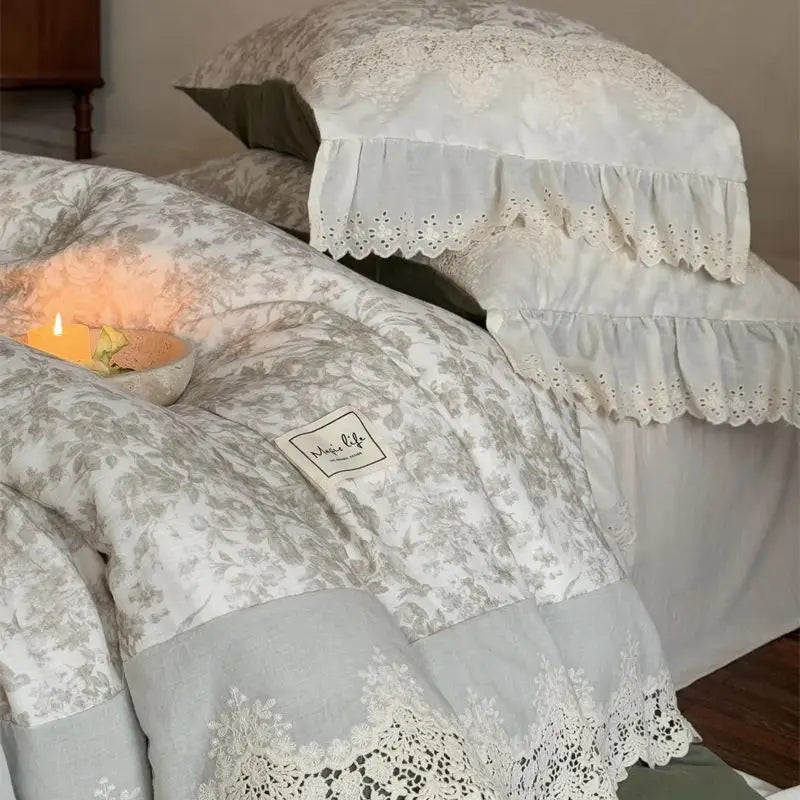 Vintage French Floral Lace Ruffles Bedding Set