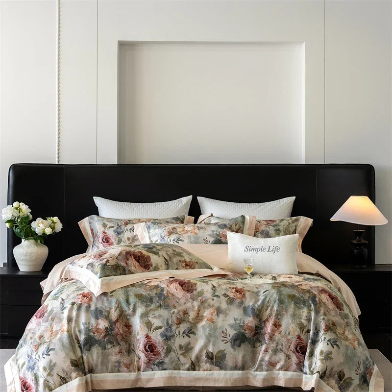 Premium 1000TC Egyptian Cotton Flowers Prints Oil Painting Style Bedding Set