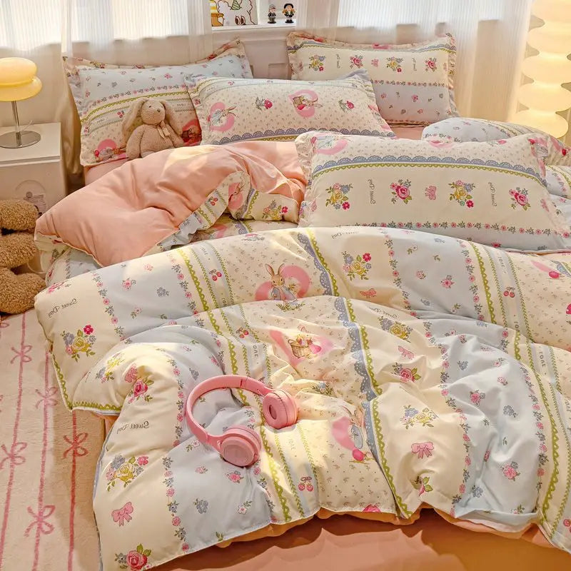 Flowers Ins Duvet Cover Set with Zipper Flat Bed Sheet Pillowcases No Filler Single Queen Size Girls Boys Gift Bedding Set