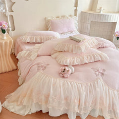 Butterfly Embroidery Lace Ruffles Princess Bedding Set
