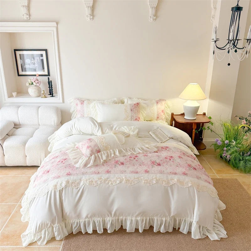 3/4Pcs French Romantic Lace Printed Ruffle Bedskirt Queen Size Quilt Cover Princess Style Boiled Cotton Double Bedding Set