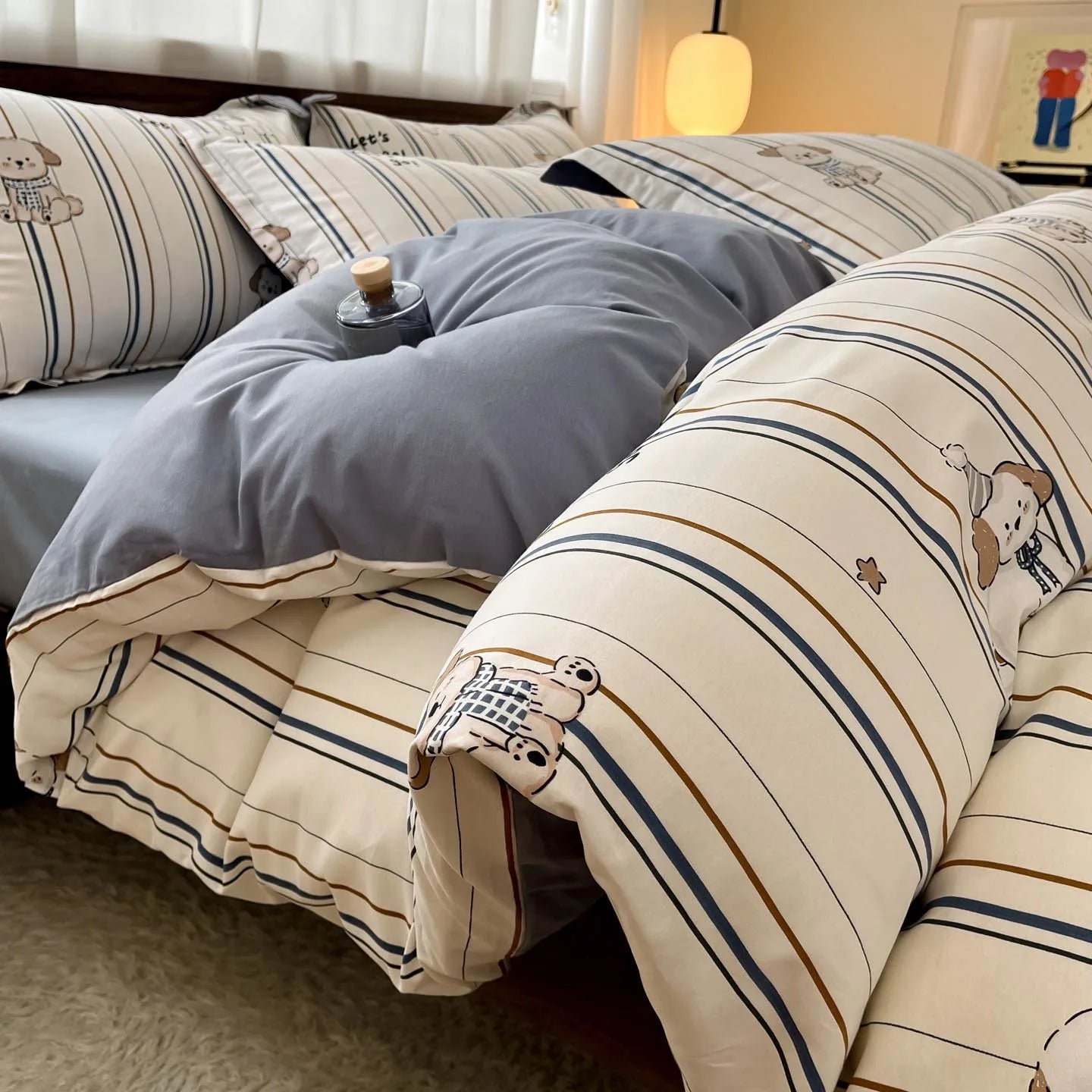 Thickened 4Pcs Bed Set Pure Cotton Long Staple Cotton Soft Bed Sheet Fitted Sheet Duvet Cover