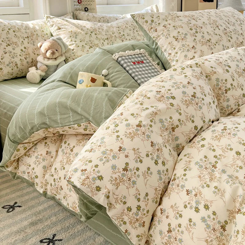 Japanese Style Floral Printed Queen Quilt Cover Set 3/4 Pcs Soft Cotton Bedding Set