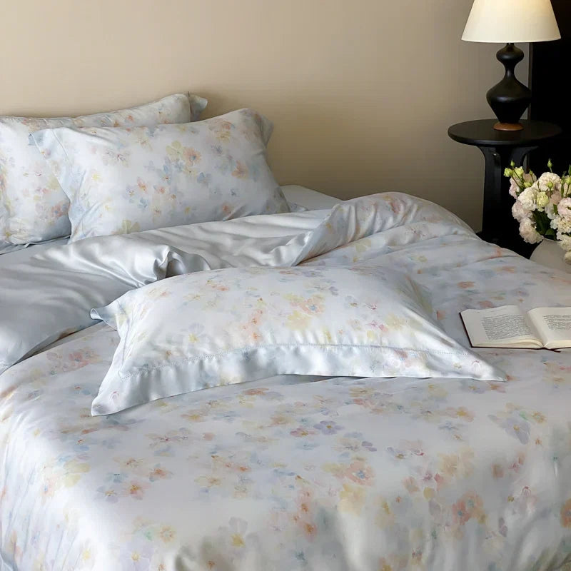 Luxury Lyocell Soft Silky Cooling Bedding Set, Watercolor Floral Print Duvet Cover Set, Bed Sheet/Fitted Sheet, Pillowcase, 4Pcs