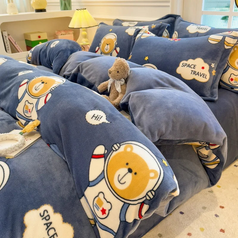 Cartoon Print Milk Velvet Duvet Cover Set Sheet Pillowcase Winter Plush Comforter Cover Set Home Textile Queen King Bedding Set