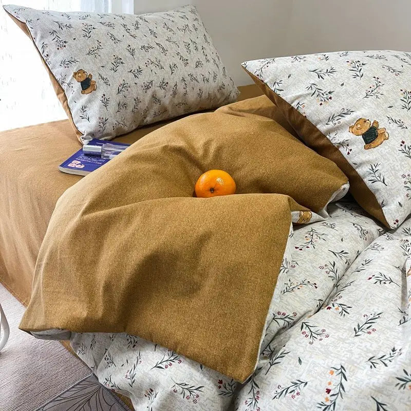 Floral Korean Style Duvet Cover Set No Filler Pillowcase Flat Sheet Twin Queen Size Boys Grils Romantic Bedding Kit