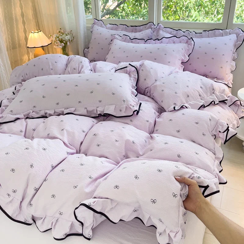 Heart Print Duvet Cover Set Princess Style Lace Ruffles Bedding Set