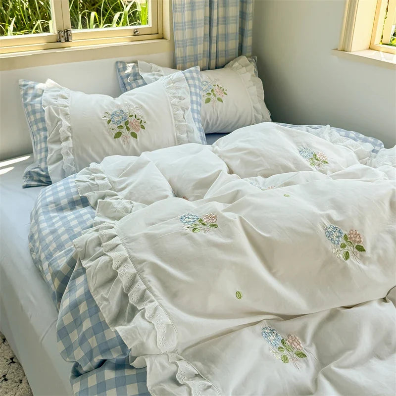 Korean Princess Style Double Layer Lace Flower Embroidery 100% Cotton Bedding Set