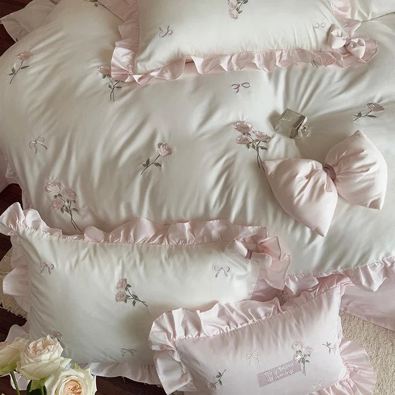 4Pcs Rose Embroidery Bow Ruffles Princess Wedding Bedding Set