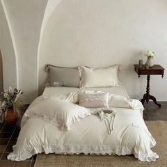 Vintage French Lace Flowers Embroidery Natural Cotton Linen Princess Bedding Set