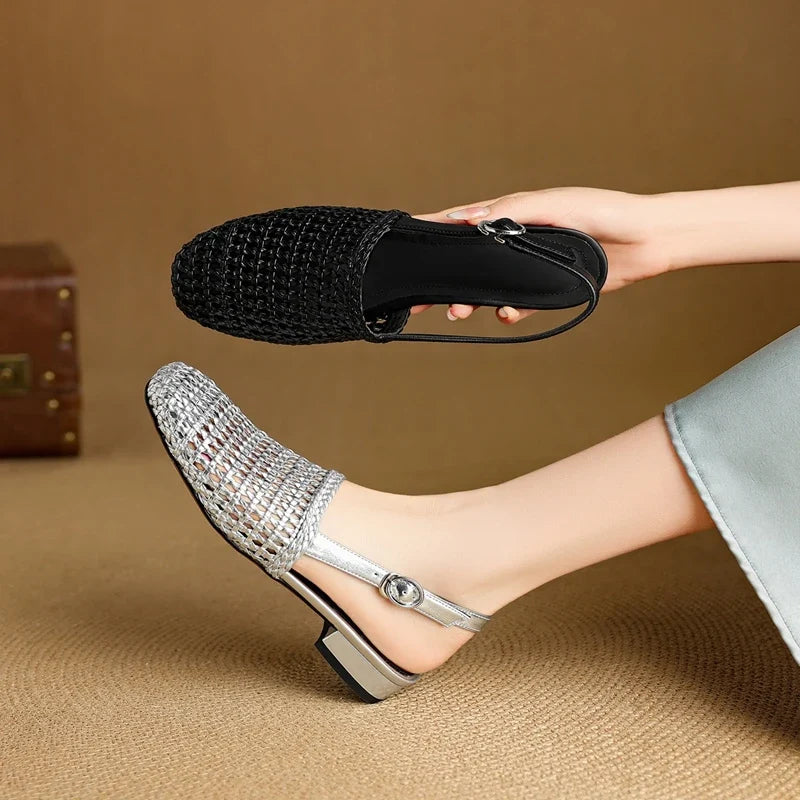 Square Headed Cowhide Woven Elastic Band Breathable Hollow Low Heel