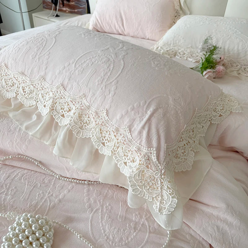 Pink Vintage French Lace Ruffles Carved Velvet Bedding Set