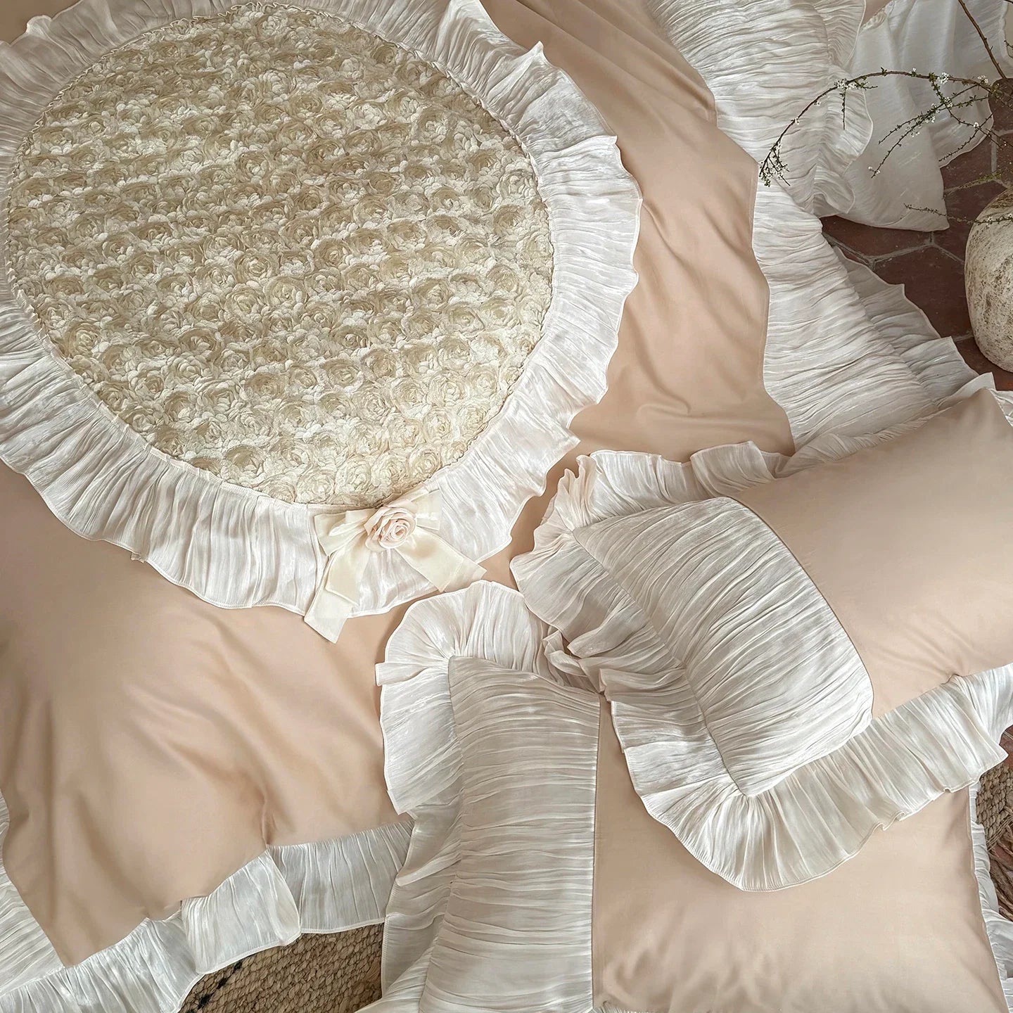 Raised Rose Embroidery Lace Ruffle Princess Bedding Set
