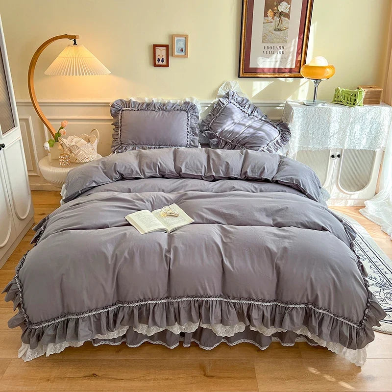 4Pcs White Korean Princess Style 100% Cotton Bedding Set