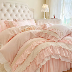 Pink Korean Princess Wedding 100% Cotton Bedding Set