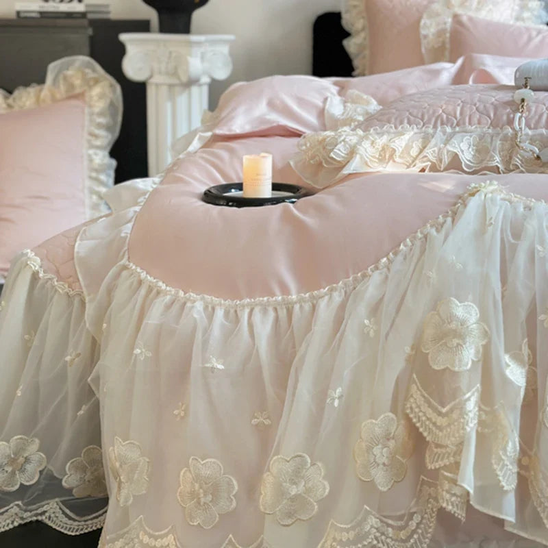 4Pcs Pink Romantic Lace Ruffles Princess Wedding Bedding Set