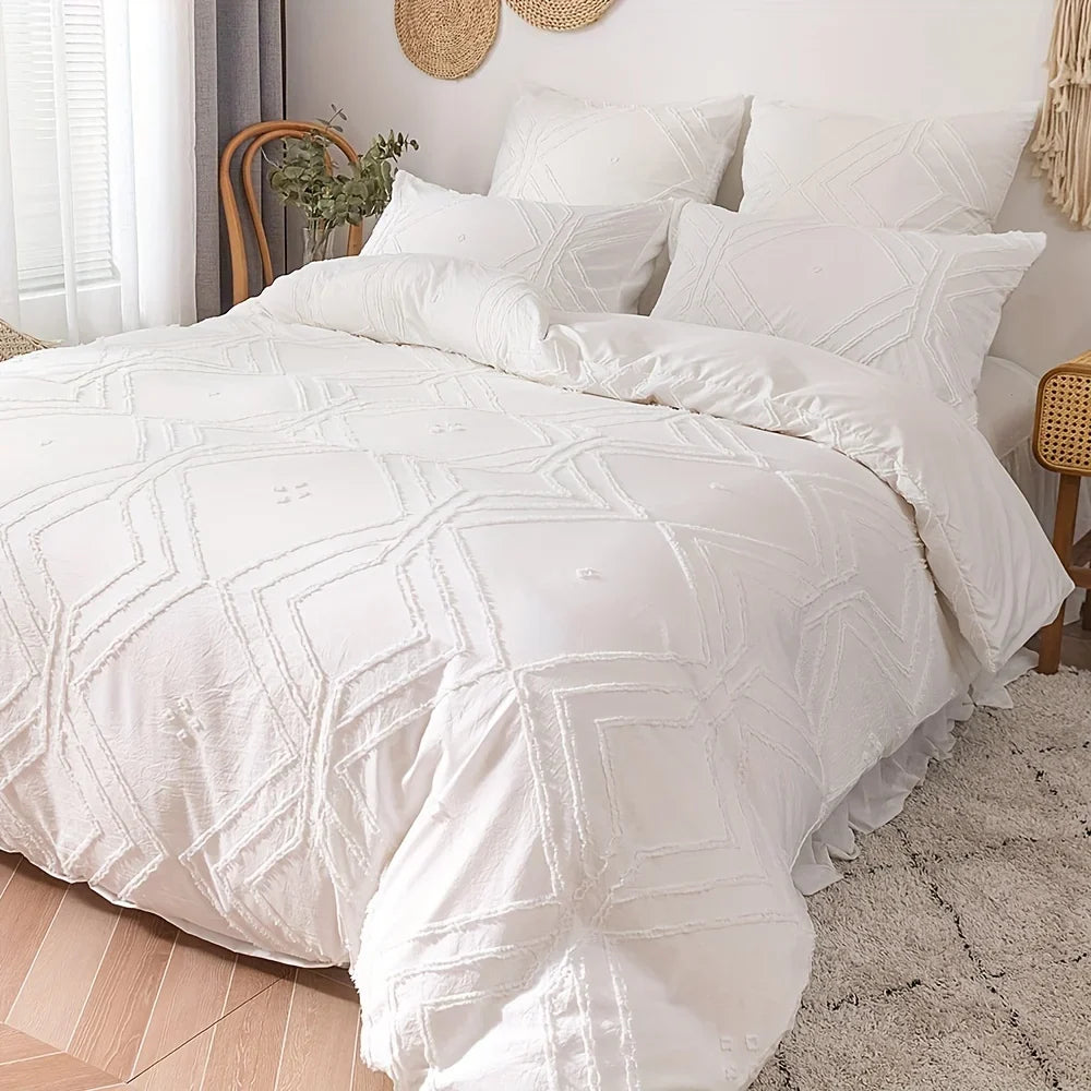 Bohemian Grid Tufted Duvet Cover Set All Season Comfortable Soft Comforter Cover Solid Geometric Texture Bedding Set